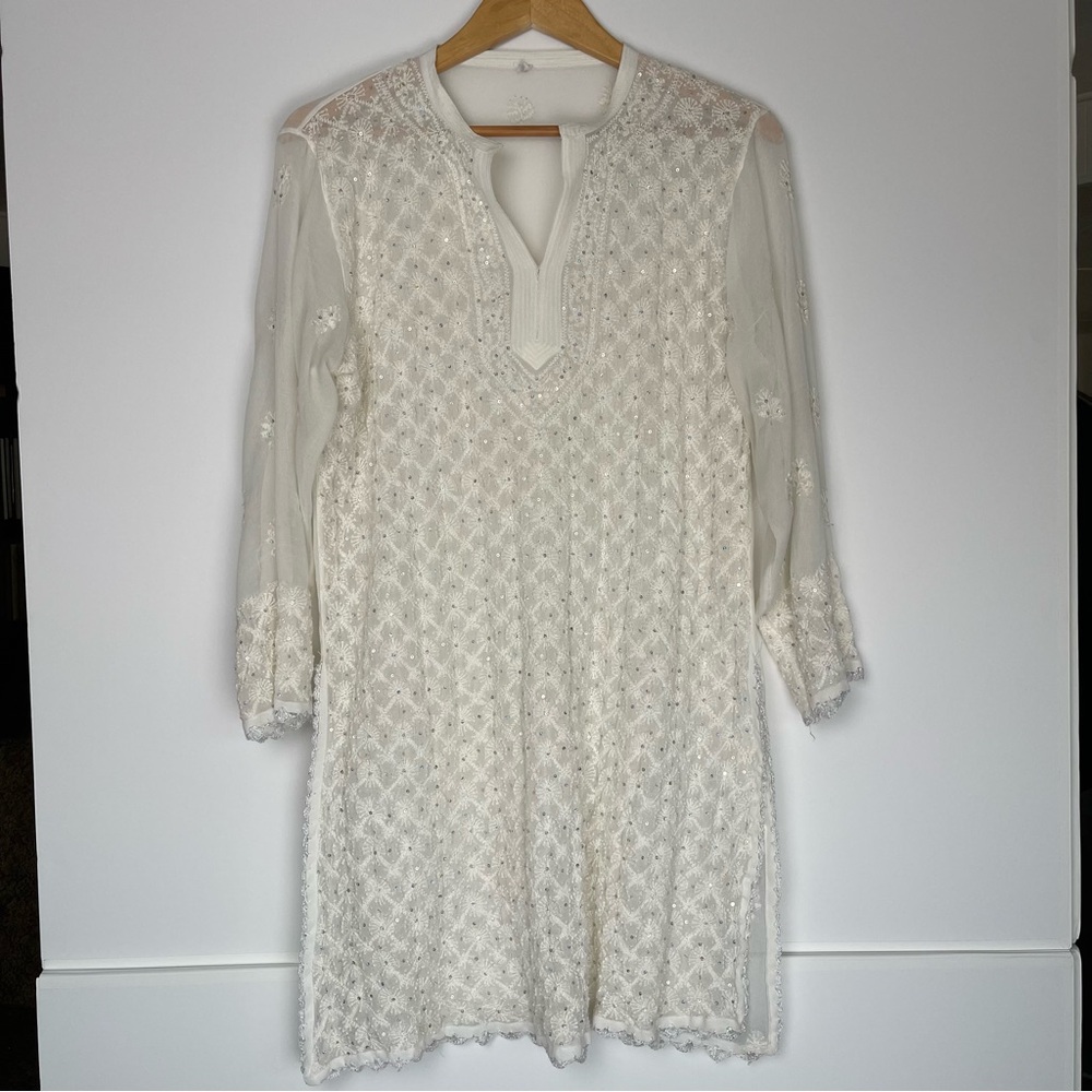 Elegant White Sheer Embroidered Tunic with Tiny Sequins